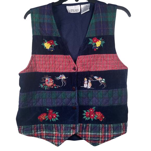Vintage Casey & Max Plaid Christmas Vest Size Large Embroidered Snowmen Bells - Picture 1 of 8